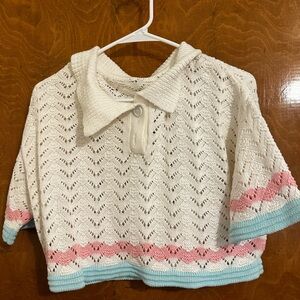 Women's Cream Knitted Sweater with Pink and Blue Accents